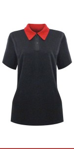 CAMISA POLO PRETA GOLA VERMELHA FEMININA